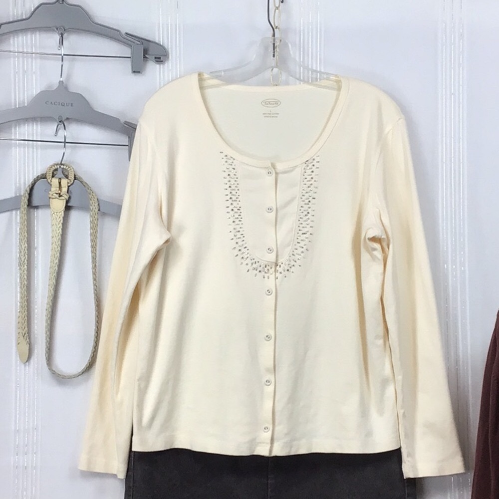 🌾 TALBOTS Cream Pima Cotton Beaded Cardigan Long Sleeve Top Sz.L